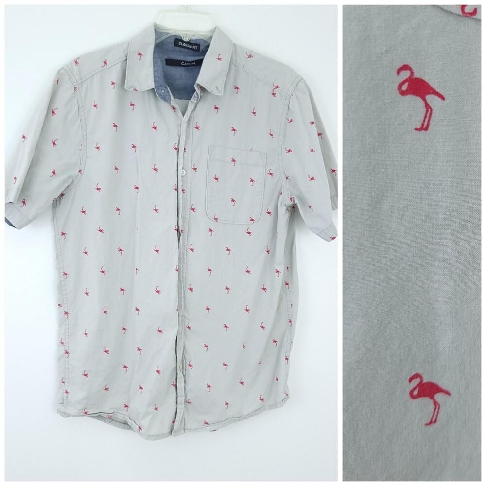Carbon Classic Fit Novelty Print Flamingo Short Sleeve Button Down Medium Gray